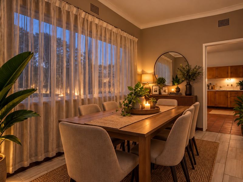 A warm and inviting dining room featuring large windows with sheer curtains, tiled flooring, and a seamless transition into the adjacent kitchen area.
