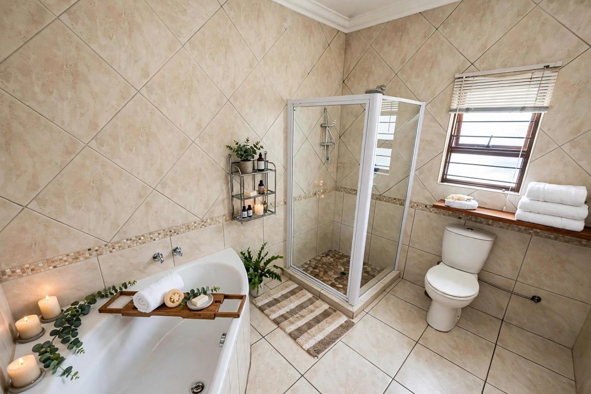 A well-maintained bathroom featuring a corner bathtub, separate glass shower enclosure, toilet, and neutral tiled finishes throughout.