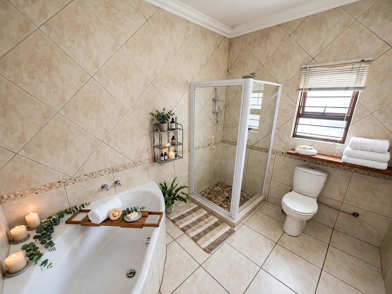 A well-maintained bathroom featuring a corner bathtub, separate glass shower enclosure, toilet, and neutral tiled finishes throughout.