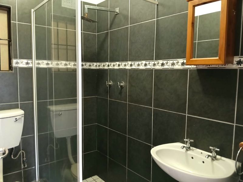 A functional bathroom featuring dark wall tiles, a glass shower enclosure, a wall-mounted basin, and a toilet.