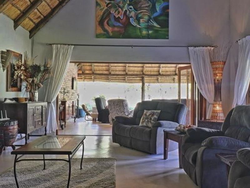 Spacious living room featuring a high thatched ceiling with exposed rafters and large sliding doors opening onto a covered patio area.