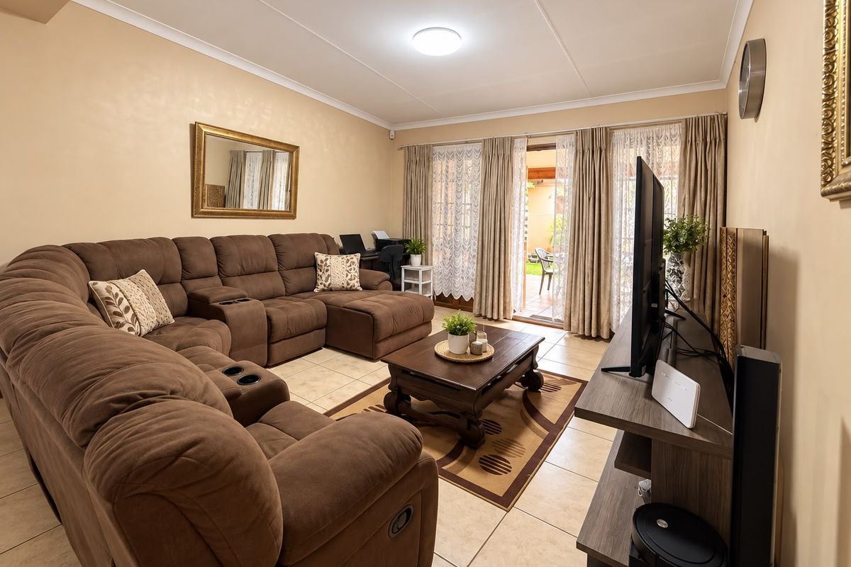 A comfortable living room featuring tiled flooring and a sliding glass door that provides direct access to the outdoor patio area.