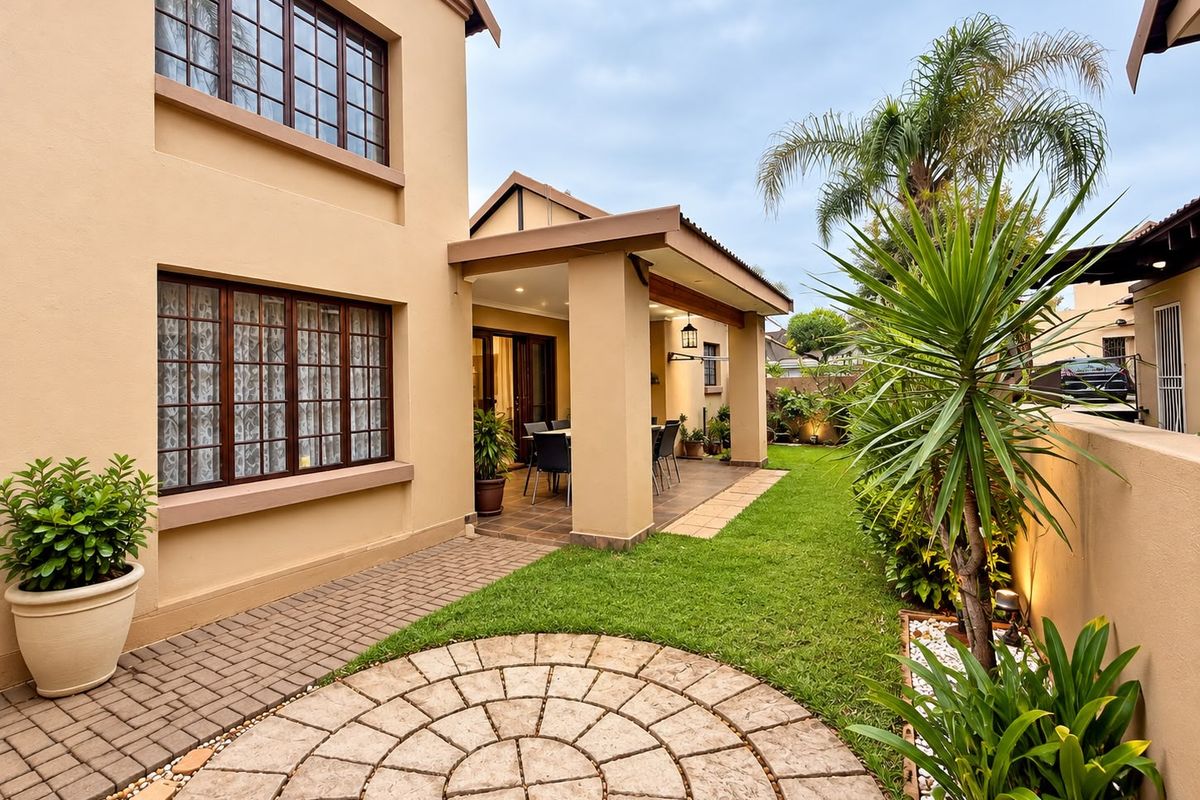 A well-maintained rear exterior view of the townhouse featuring a covered patio, paved pathways, a circular stone feature, and a landscaped garden area.