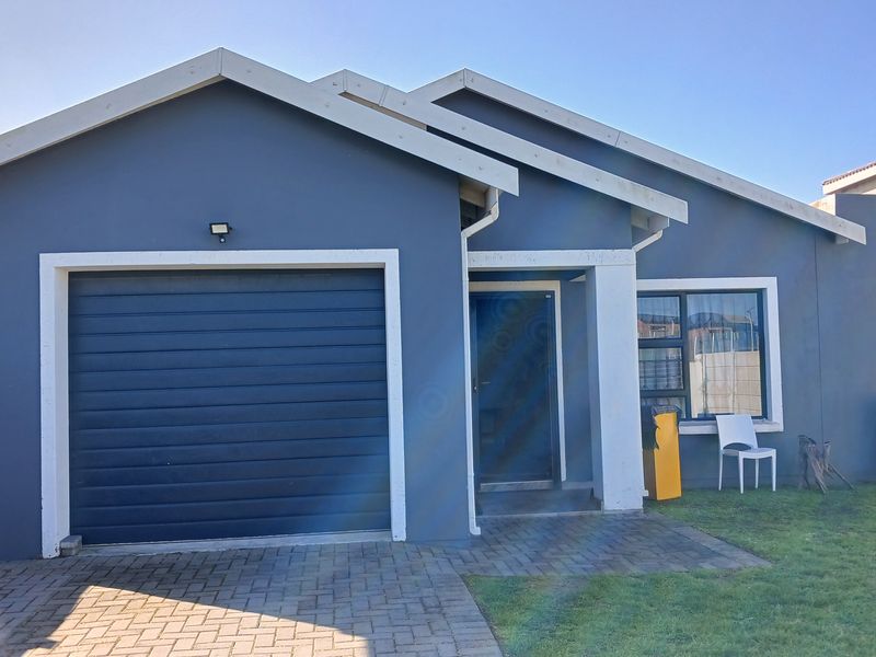 Front elevation of a modern single-story house featuring a blue facade, a single garage, and a paved driveway entrance.