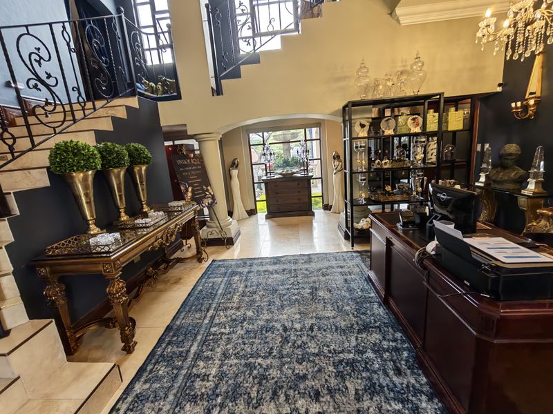 Grand entrance foyer featuring stone flooring, an elegant wrought iron staircase, and an arched transition leading to the rear garden view.