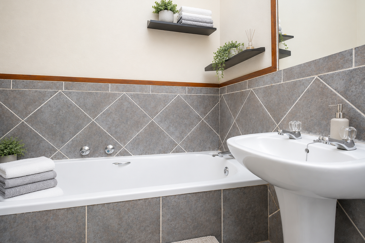 A clean bathroom featuring a white pedestal basin, a built-in bathtub with grey tiled surround, and a wall-mounted mirror.