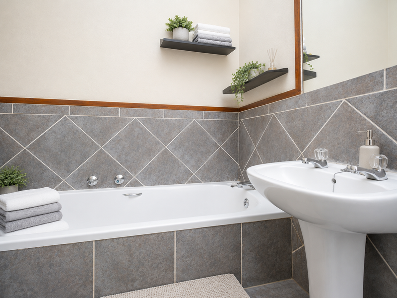 A clean bathroom featuring a white pedestal basin, a built-in bathtub with grey tiled surround, and a wall-mounted mirror.