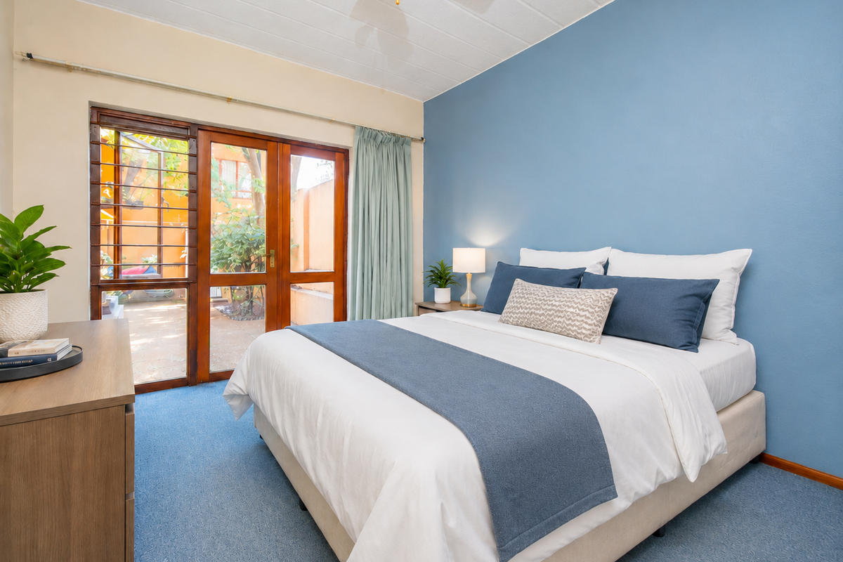 A well-lit bedroom featuring blue accent walls, carpeted flooring, and direct access to an outdoor patio area through timber-framed glass doors.