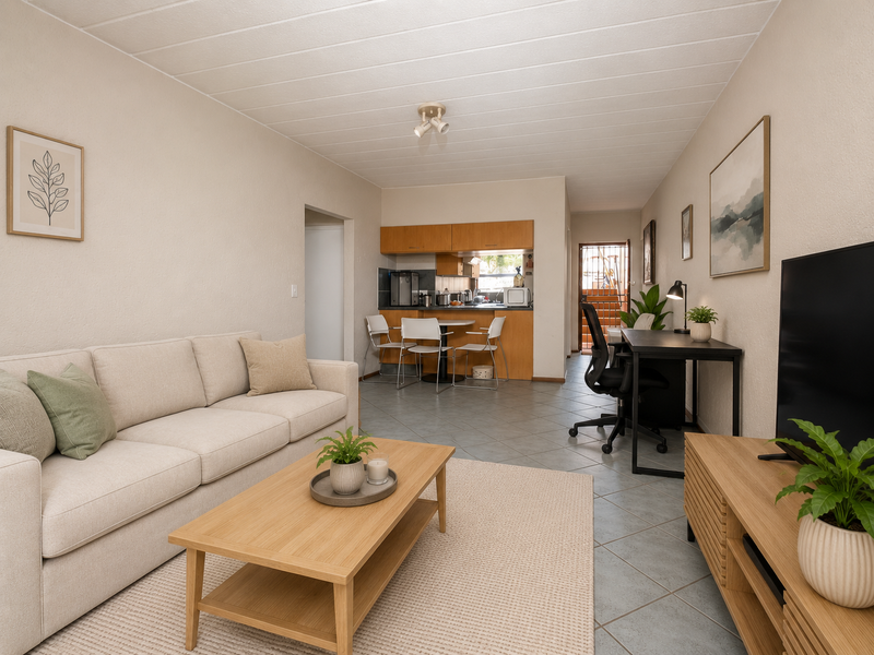 Open-plan living and dining area featuring tiled flooring, neutral walls, and a functional kitchen space with built-in cabinetry.