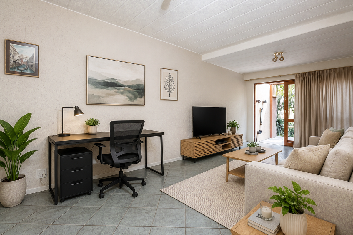 A well-lit living room featuring tiled flooring, textured ceilings, and a sliding glass door providing access to an outdoor area.