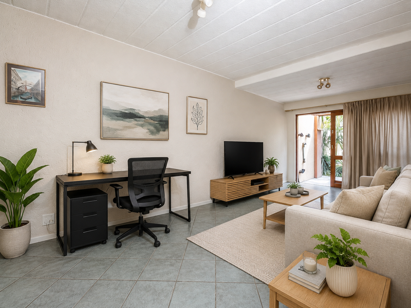 A well-lit living room featuring tiled flooring, textured ceilings, and a sliding glass door providing access to an outdoor area.