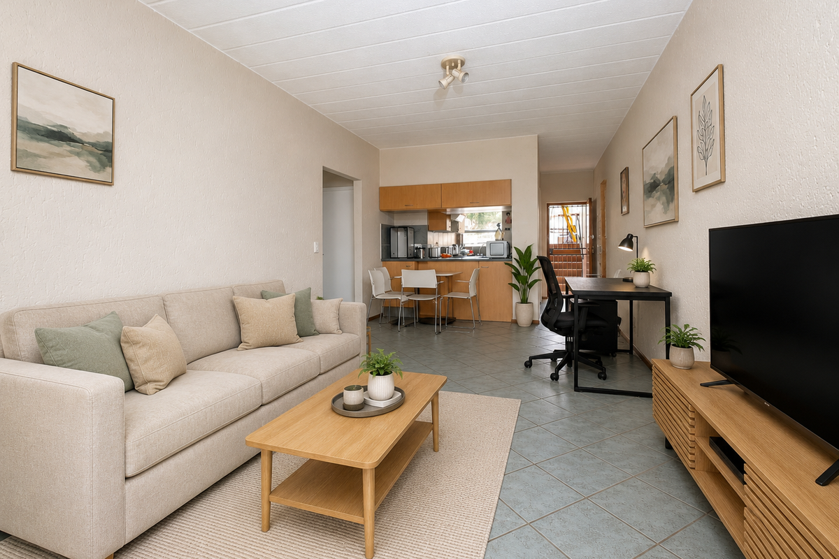 Open plan living and dining area featuring tiled flooring and a functional kitchen with built-in cabinetry.