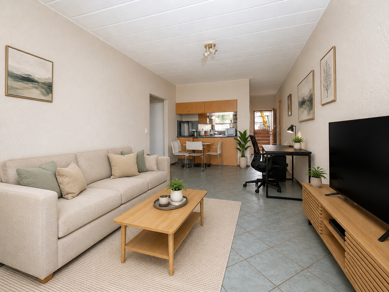 Open plan living and dining area featuring tiled flooring and a functional kitchen with built-in cabinetry.
