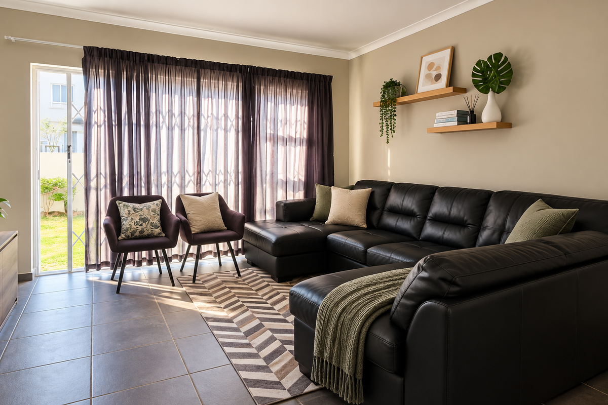 A well-maintained living room featuring tiled flooring, neutral wall tones, and a sliding glass door providing direct access to the garden area.
