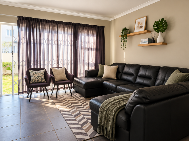 A well-maintained living room featuring tiled flooring, neutral wall tones, and a sliding glass door providing direct access to the garden area.