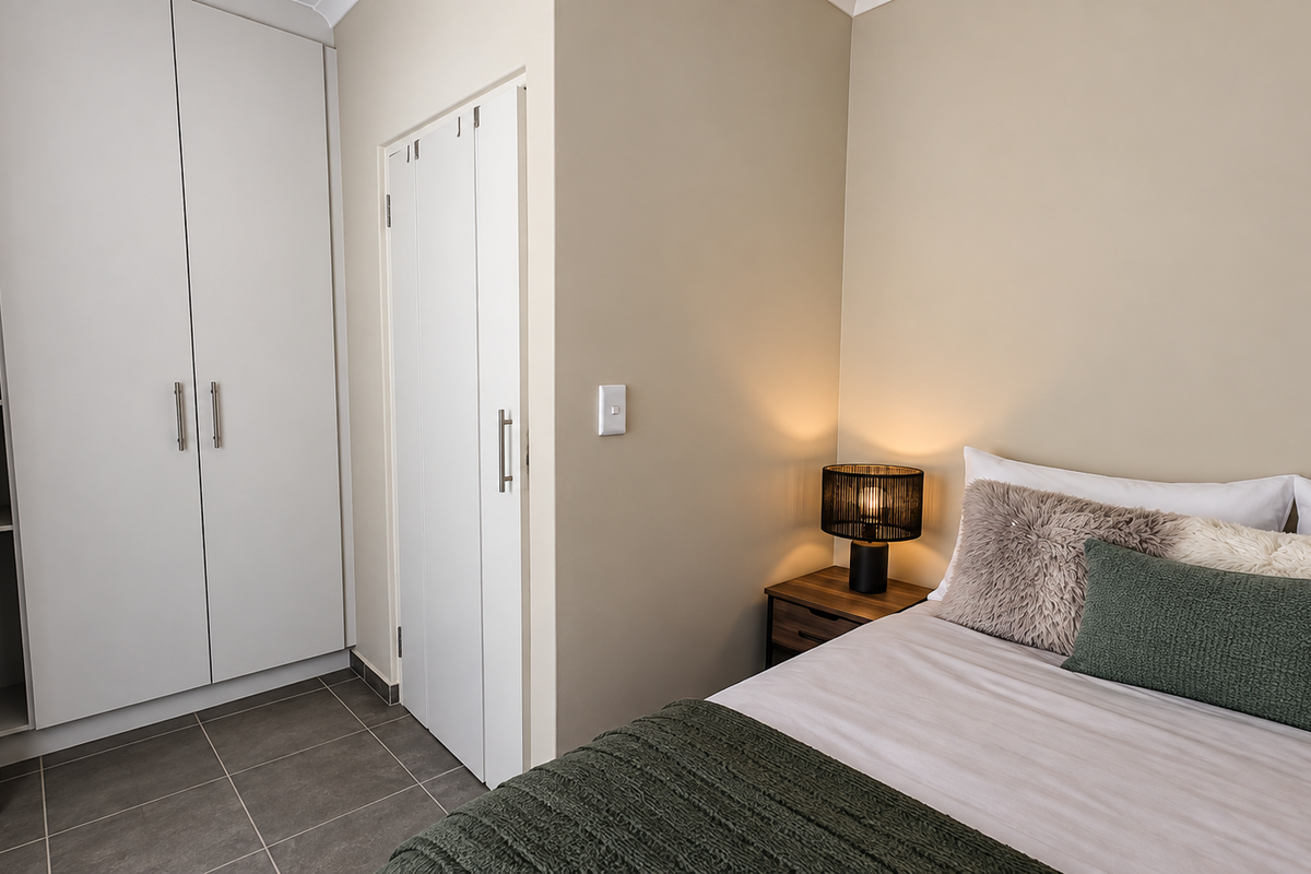 A well-maintained bedroom featuring neutral wall tones, tiled flooring, and a functional built-in wardrobe with integrated shelving.