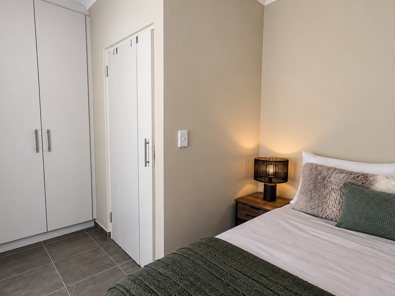 A well-maintained bedroom featuring neutral wall tones, tiled flooring, and a functional built-in wardrobe with integrated shelving.