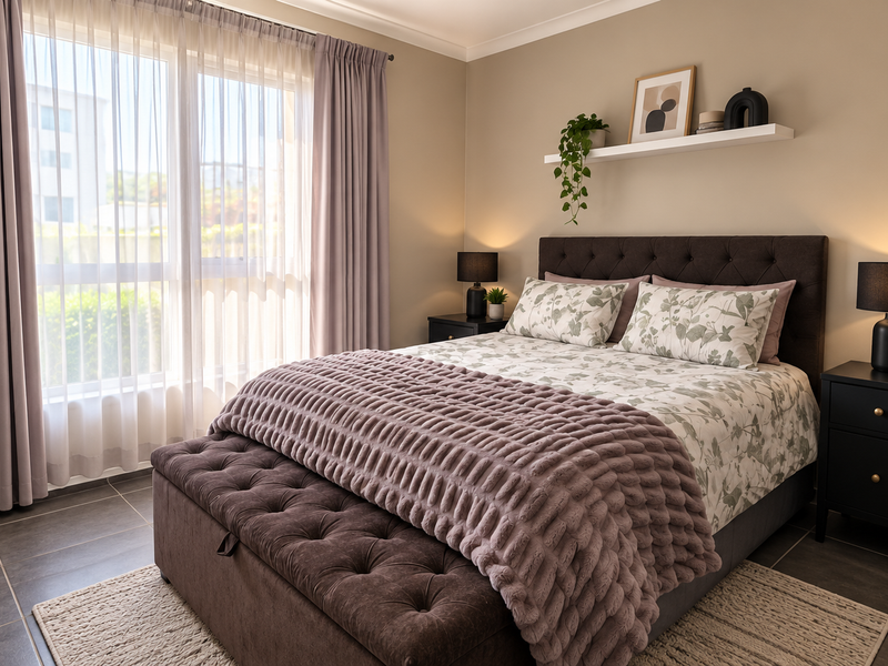 A well-maintained bedroom featuring tiled flooring, neutral wall tones, and a large sliding glass door with elegant curtain treatments.