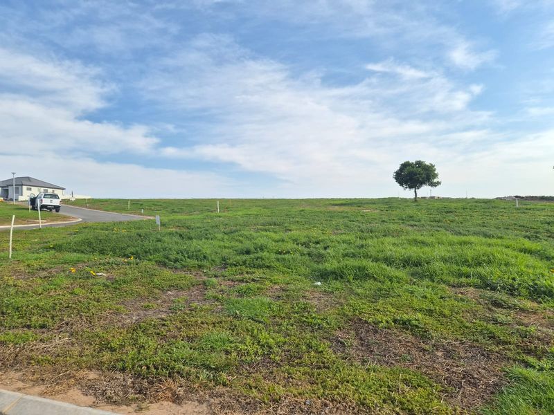 A vacant residential plot of land featuring open grassland and boundary markers, situated in a developed neighborhood setting.