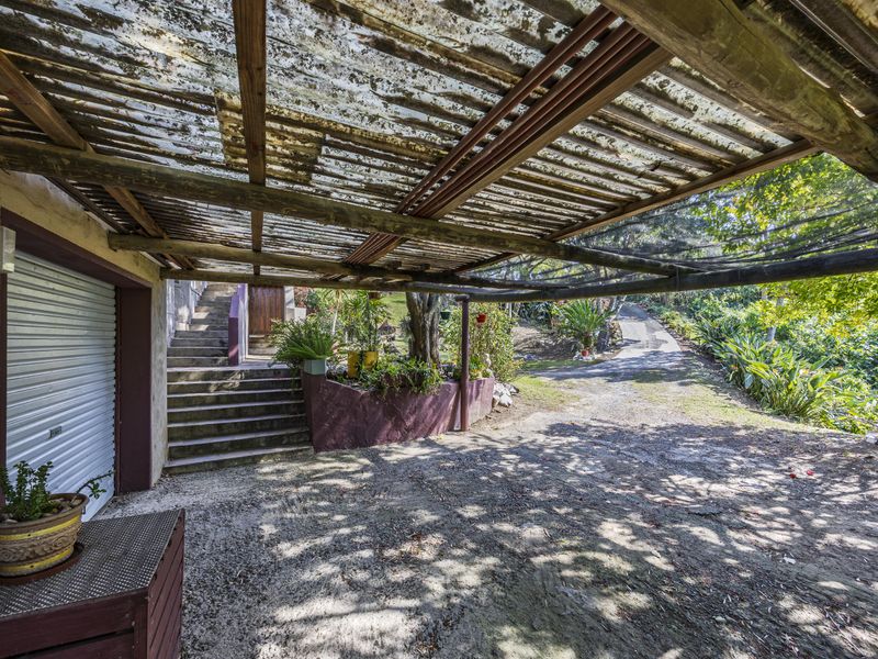 A covered outdoor patio area featuring a corrugated roof, timber support structure, and concrete stairs leading to the property entrance.