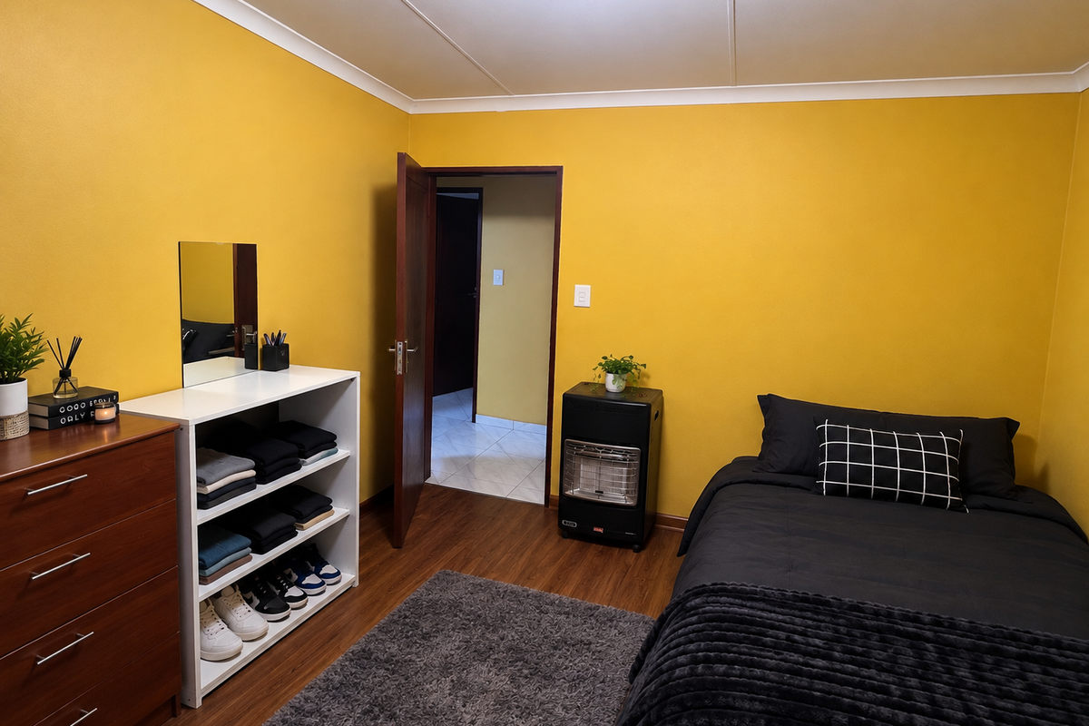 A functional office space featuring laminate flooring, coved ceilings, and a bright yellow accent wall, currently utilized as a bedroom.
