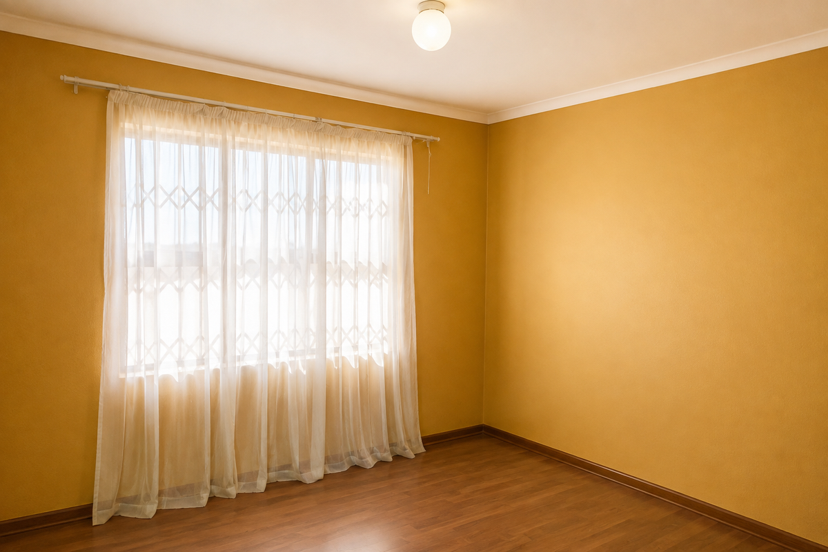 A bright, empty office space featuring warm-toned walls, laminate flooring, and a window fitted with a security gate and sheer curtains.