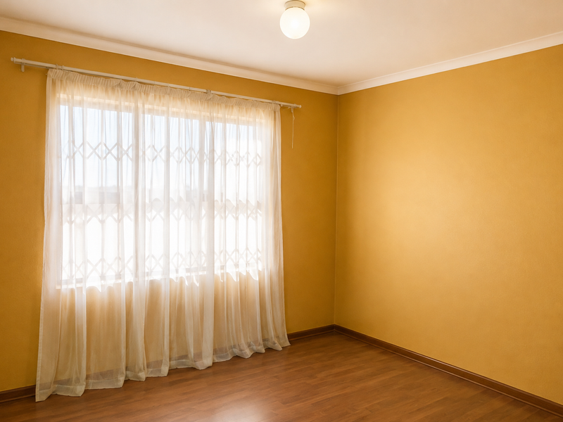 A bright, empty office space featuring warm-toned walls, laminate flooring, and a window fitted with a security gate and sheer curtains.