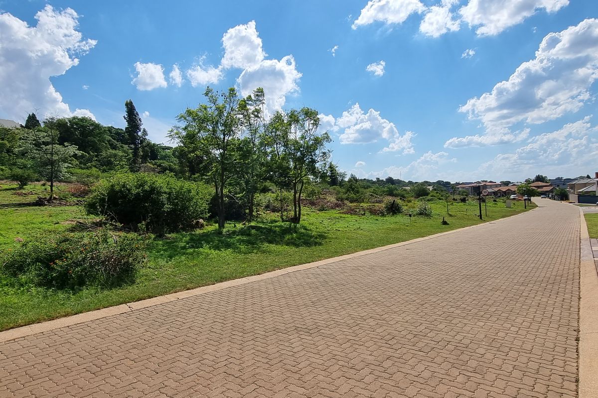 A view of the paved street and surrounding landscaped grounds within a residential estate setting.