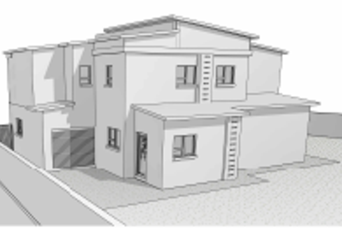 A digital architectural rendering of a modern two-story residential house featuring a pitched roof, paved driveway, and boundary wall.