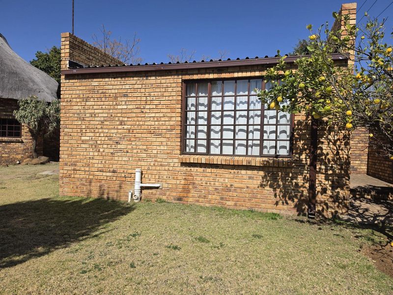 A view of the rear face brick exterior featuring a grid-pattern window, corrugated metal roofing, and established garden surroundings.