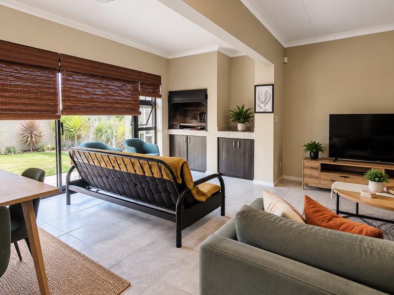 Spacious open-plan living area featuring tiled floors, a built-in braai, and large sliding doors providing seamless access to the garden.