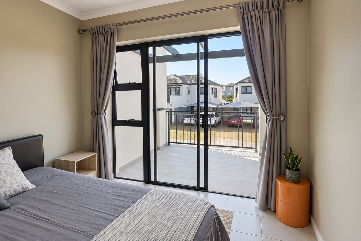 A well-maintained bedroom featuring tiled floors and a large sliding glass door that opens onto a private balcony with metal railings.