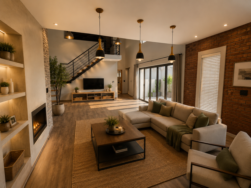 Spacious open-plan living area featuring a built-in fireplace, exposed brick wall, modern staircase, and large sliding doors leading to an outdoor space.