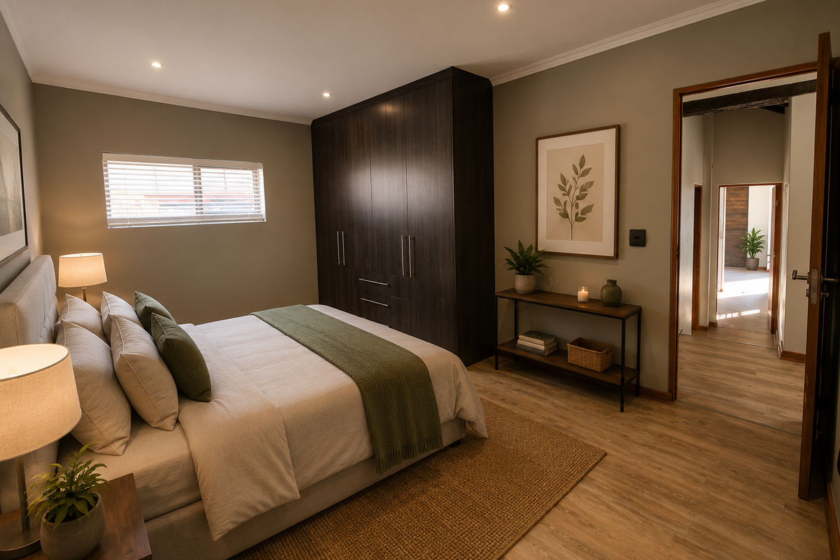 A well-maintained bedroom featuring dark wood built-in wardrobes, recessed lighting, and modern laminate flooring with a neutral color palette.