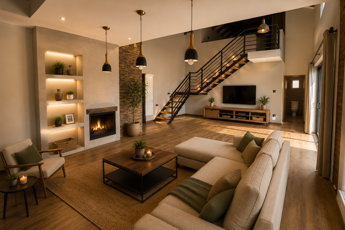 Spacious modern living room featuring a built-in fireplace, recessed shelving, and an elegant timber staircase with metal railings, finished with high-quality hardwood flooring.