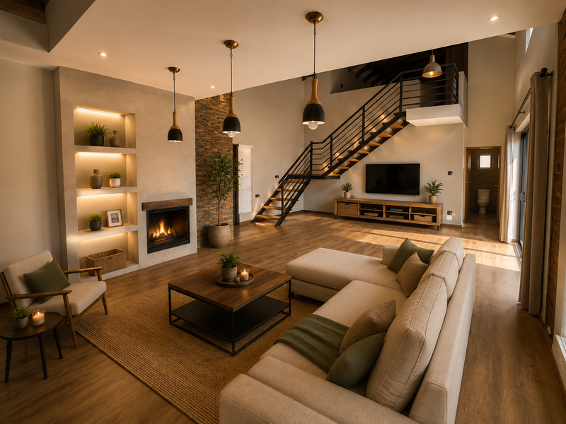 Spacious modern living room featuring a built-in fireplace, recessed shelving, and an elegant timber staircase with metal railings, finished with high-quality hardwood flooring.