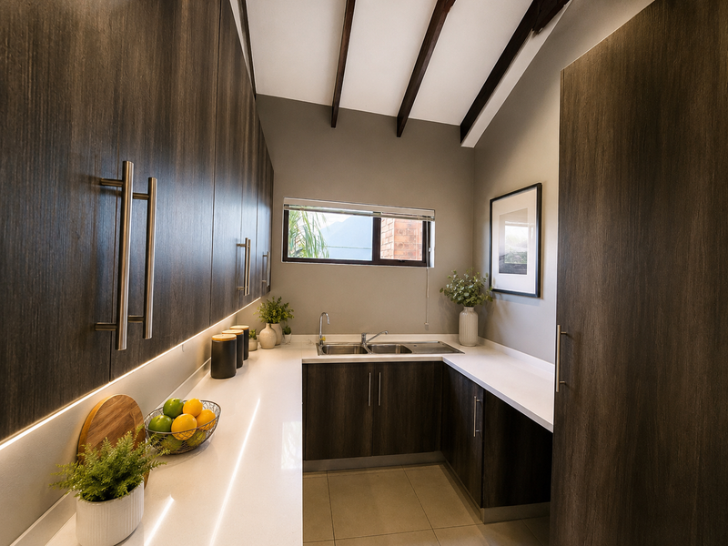 A modern, well-appointed scullery featuring dark wood cabinetry, stone countertops, a stainless steel double sink, and elegant exposed timber ceiling beams.