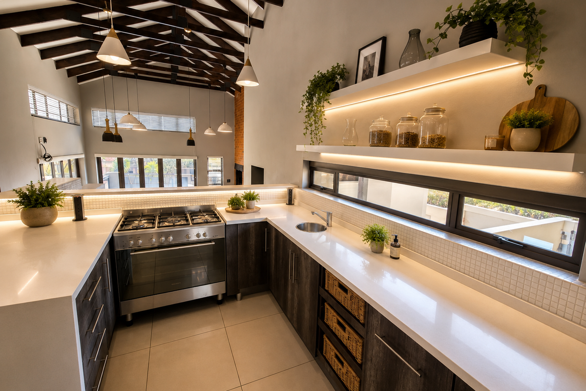 Modern kitchen featuring quartz countertops, gas stove, floating shelves with integrated lighting, and striking exposed timber rafters in a high-ceiling open-plan layout.