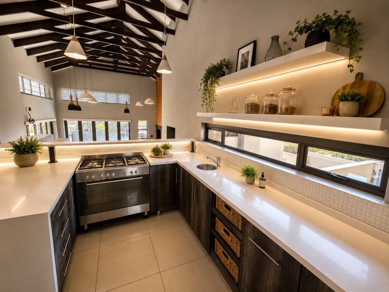 Modern kitchen featuring quartz countertops, gas stove, floating shelves with integrated lighting, and striking exposed timber rafters in a high-ceiling open-plan layout.