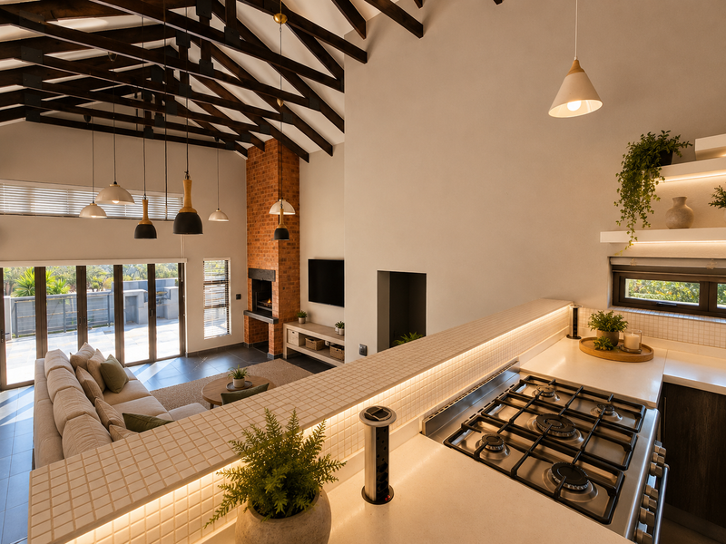 Spacious open-plan living area featuring a high vaulted ceiling with exposed timber trusses, a brick fireplace, and a modern kitchen with a gas hob.