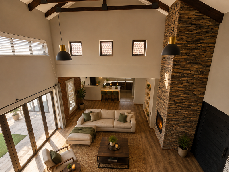 Spacious open-plan living area featuring a double-volume vaulted ceiling with exposed beams, a striking stone-clad fireplace, and seamless flow to the outdoor patio.
