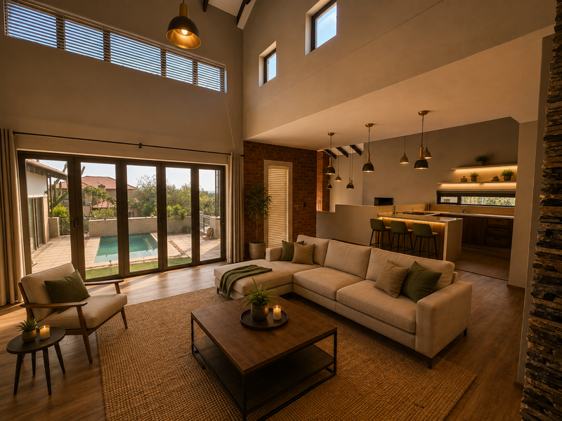 Spacious open-plan living area featuring a vaulted ceiling, exposed brick accents, and seamless flow to the outdoor pool area through large bi-fold doors.