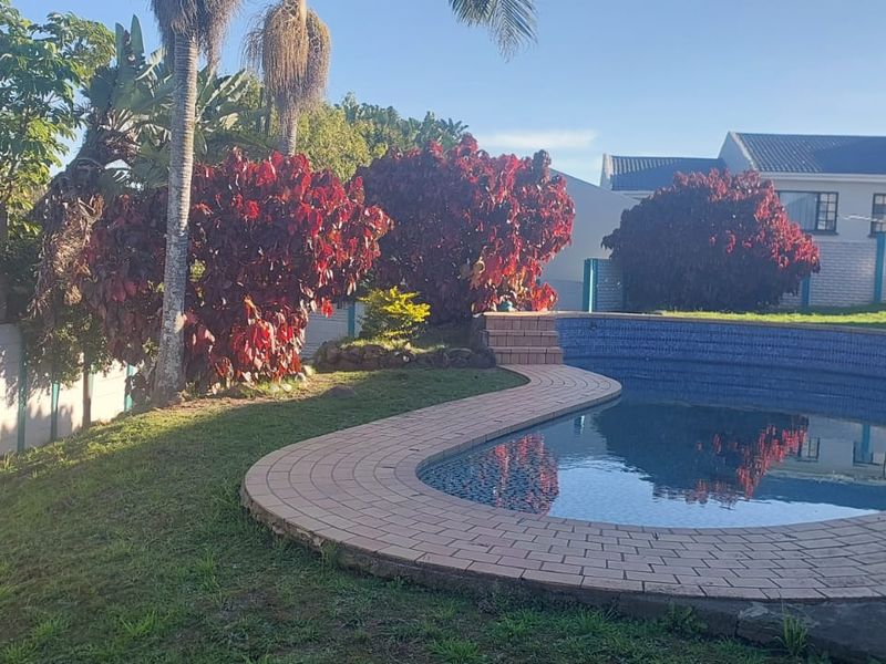 Outdoor pool area featuring a curved swimming pool with brick coping, surrounded by a landscaped garden and a perimeter boundary wall.
