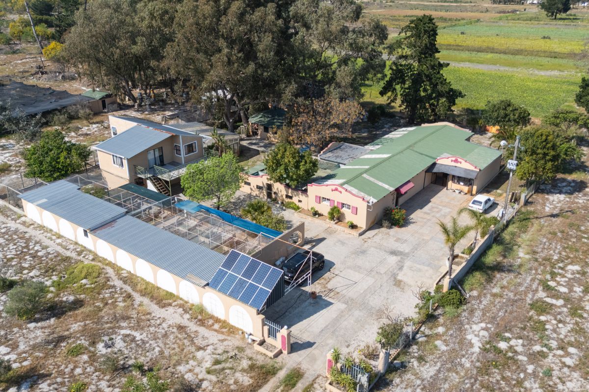 Aerial view of a small holding property featuring multiple structures, solar panel installation, extensive paved driveway, and surrounding rural landscape.