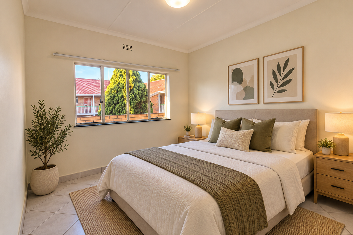 A well-maintained bedroom featuring neutral wall tones, tiled flooring, and a large window providing natural light and exterior views.