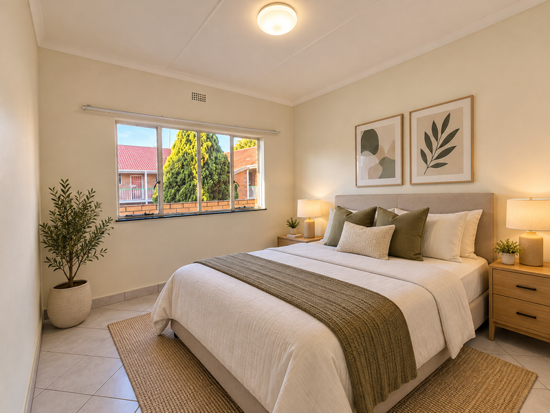 A well-maintained bedroom featuring neutral wall tones, tiled flooring, and a large window providing natural light and exterior views.