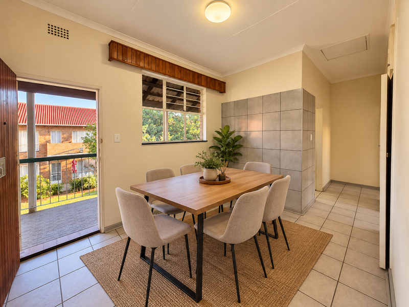 A dining area featuring tiled flooring, a tiled feature wall, and direct access to an outdoor balcony through a glass door.