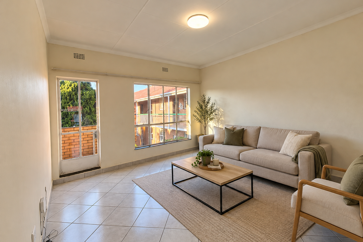 A bright living room featuring tiled flooring, large windows providing natural light, and a glass panel door leading to an outdoor area.
