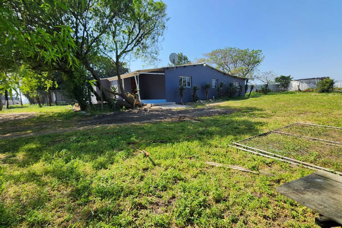 A view of the rear exterior of the house featuring a covered patio area and a large, unlandscaped garden space.