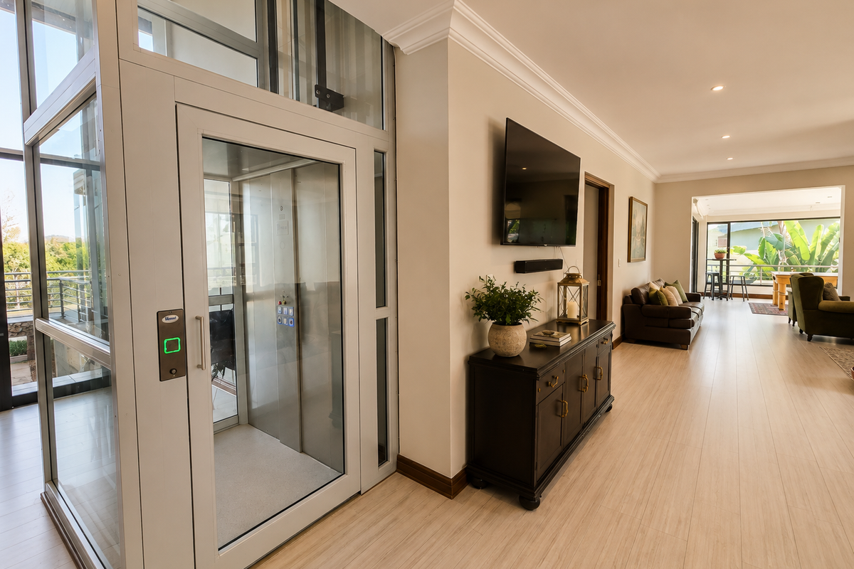 Spacious living area featuring a modern glass elevator, recessed lighting, crown molding, and light-toned laminate flooring, leading to an open-plan lounge space.